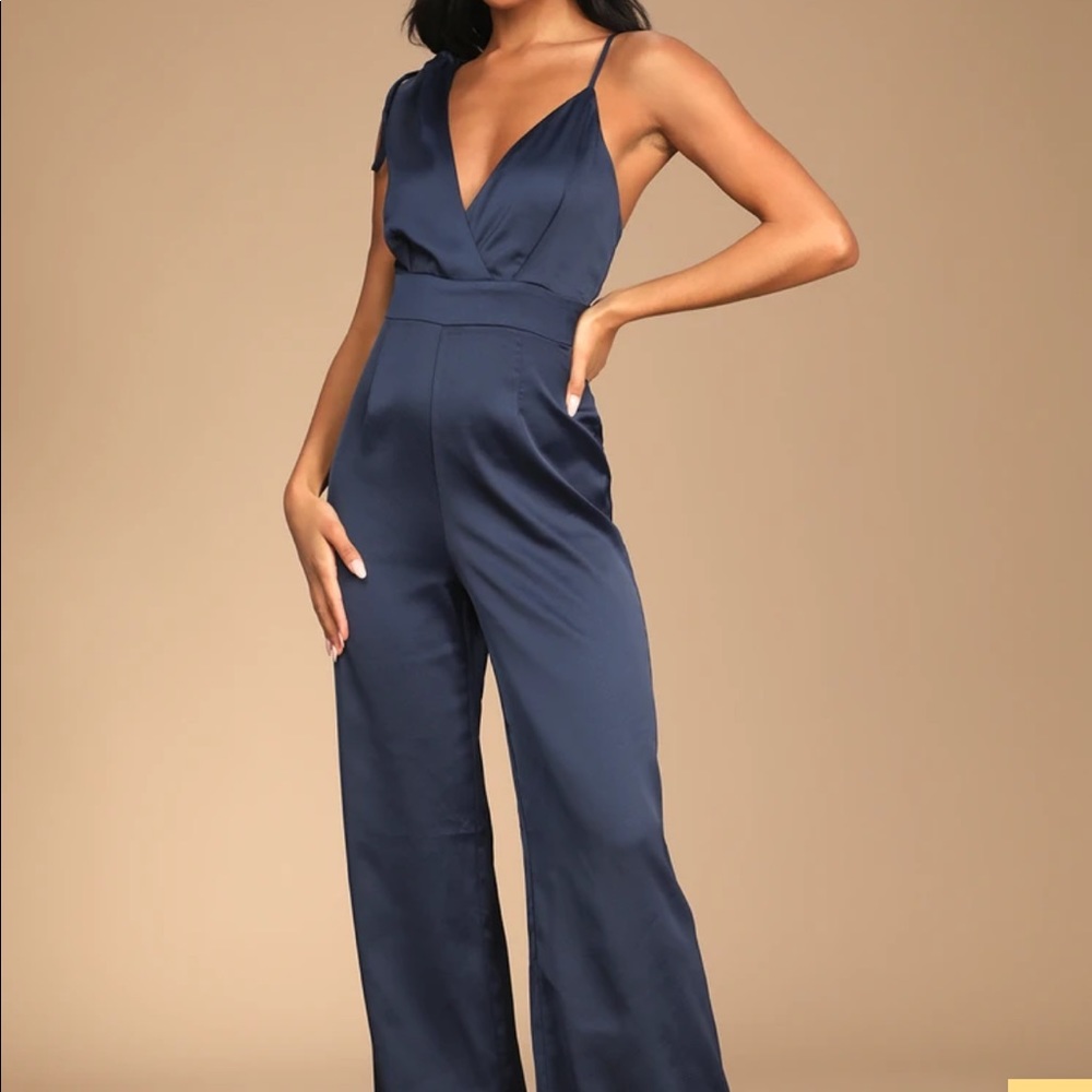 Look of Luxe Navy Blue Satin Asymmetrical Wide-Leg Jumpsuit